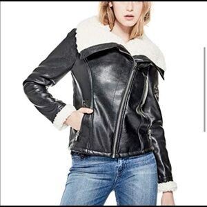 Guess Sherpa Lined Asymmetrical Zip Vegan Leather Jacket